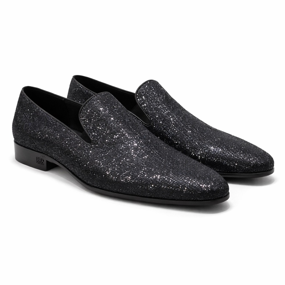 Steve Madden Black Glitter Loafers Slip-On Dress Shoes Mens Sparkle Party Luxe